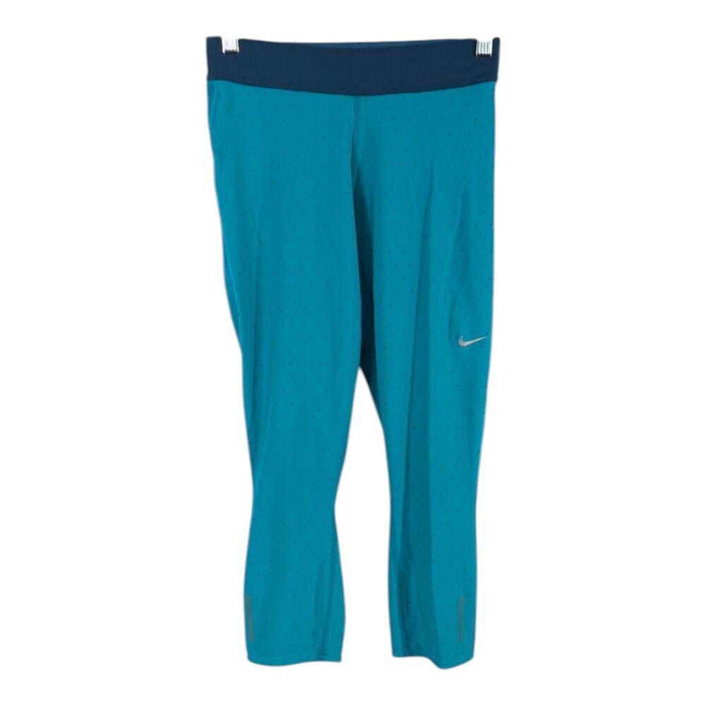 Nike Leggings Womens Small Aqua Drawstring Zip Pocket Yoga Capri Triangle Dots